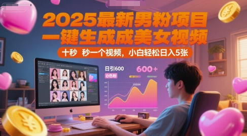 2025最新男粉项目，一键生成美女视频，日引600+色粉 十秒一个视频，小白轻松日入5张【揭秘】-卓别林资源社