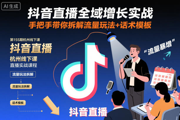 抖音直播全域增长实战第155期杭州线下课,手把手带你拆解流量玩法+话术模板-卓别林资源社