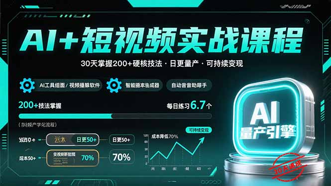 AI+短视频实战课程：30天掌握200+硬核技法，实现日更量产可持续变现-卓别林资源社