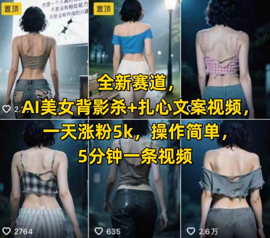 全新赛道，AI美女背影杀+扎心文案视频，一天涨粉5k，操作简单，5分钟一条视频-卓别林资源社