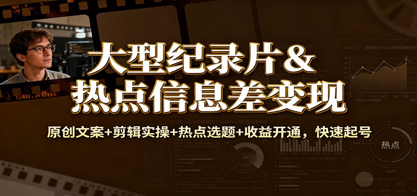 大型纪录片&热点信息差变现：原创文案+剪辑实操+热点选题+收益开通，快速起号-卓别林资源社
