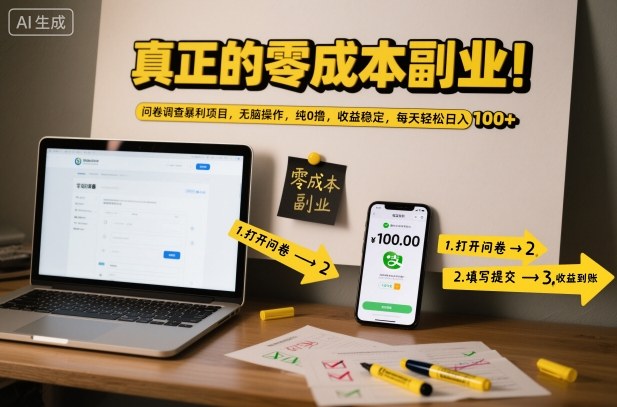 真正的零成本副业！问卷调查暴利项目，无脑操作，纯0撸，收益稳定，每天轻松日入100+【揭秘】-卓别林资源社