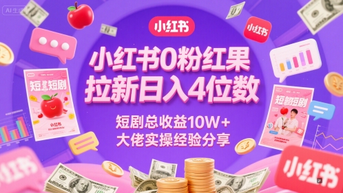 小红书0粉红果短剧拉新日入4位，数短剧总收益10W+大佬实操经验分享-卓别林资源社