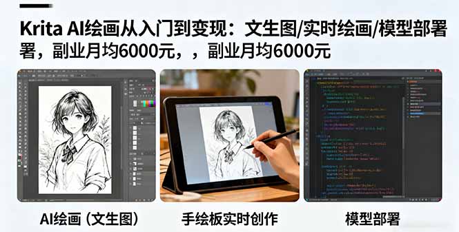 Krita AI绘画从入门到变现：文生图/实时绘画/模型部署，副业月均6000元-卓别林资源社