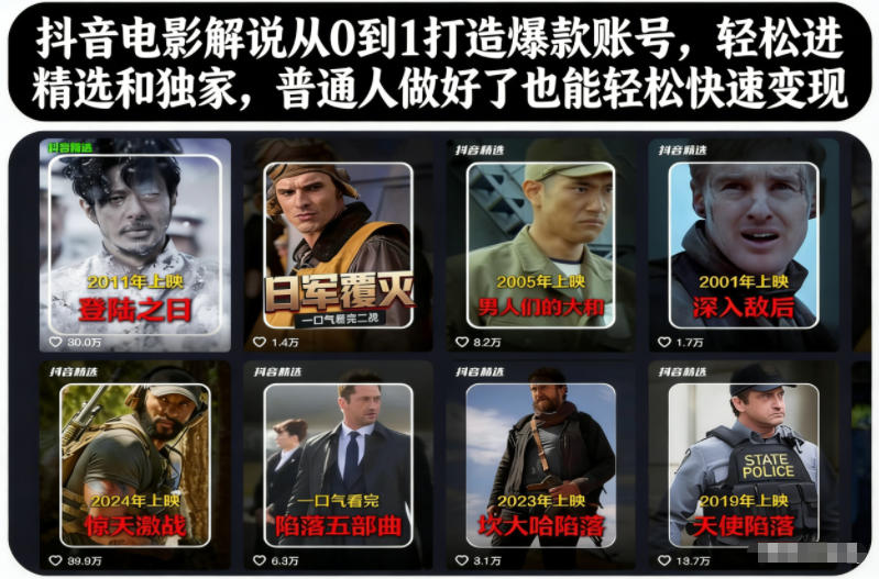 抖音电影解说从0到1打造爆款账号，轻松进精选和独家，普通人做好了也能轻松快速变现-卓别林资源社