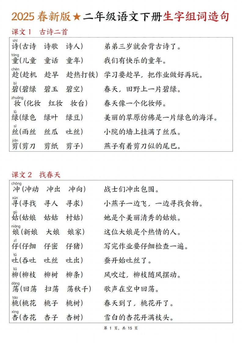 25春二下语文写字表生字组词造句（15页）-卓别林资源社