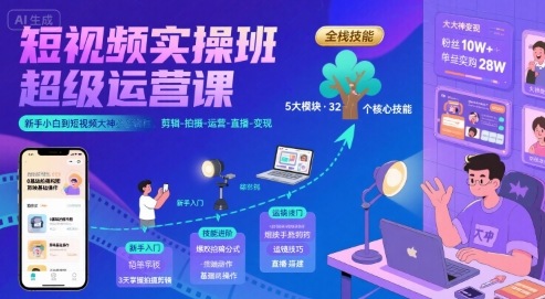 短视频实操班超级运营课，新手小白到短视频大神必修课程，剪辑-拍摄-运营-直播-变现-卓别林资源社