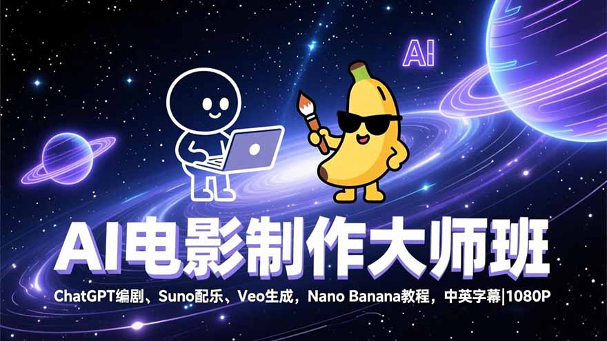 AI电影制作大师班：ChatGPT编剧、Suno配乐、Veo生成，Nano Banana教程，中英字幕|1080P-卓别林资源社