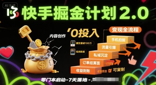 快手掘金计划2.0，快手电商变现全流程，简单可复制，0投入-卓别林资源社