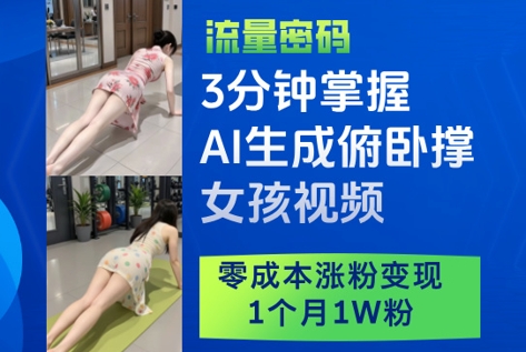 3分钟掌握AI生成俯卧撑女孩视频，零成本涨粉变现，1个月1W粉-卓别林资源社