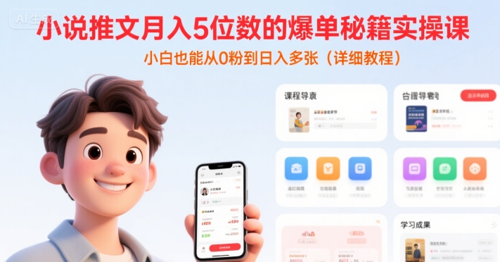 小说推文月入5位数的爆单秘籍实操课，，小白也能从0粉到日入多张(详细教程)-卓别林资源社