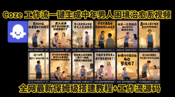 coze工作流一键生成”中年男人困境扎心高涨粉高播放量图文视频”保姆级拆解教程，无需剪辑，无需拍摄写文案-卓别林资源社