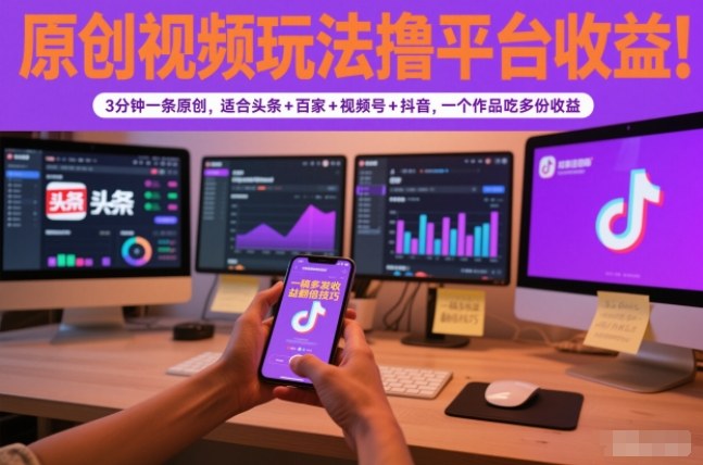 原创视频玩法撸平台收益,3分钟一条原创,适合头条+百家+视频号+抖音,一个作品吃多份收益-卓别林资源社