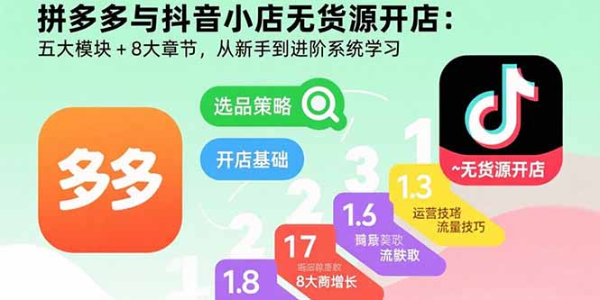 拼多多与抖音小店无货源开店：五大模块+8大章节，从新手到进阶系统学习-卓别林资源社
