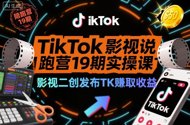 TikTok影视解说陪跑营19期实操课,影视二创发布TK賺取收益,万播收益50美金(更新)-卓别林资源社