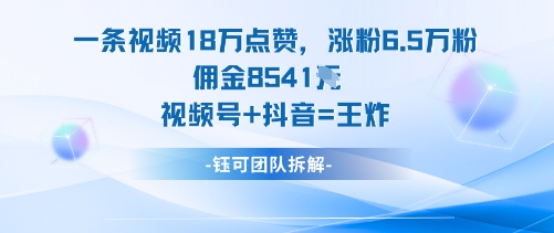 一条视频18W点赞，涨粉6.5W粉佣金8541米，视频号+抖音=王炸-卓别林资源社