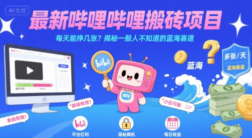 最新哔哩哔哩上B站搬砖项目，每天能挣几张？揭秘一般人不知道的蓝海赛道-卓别林资源社