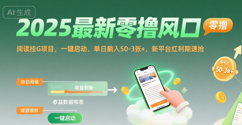 2025最新零撸风口，阅读挂G项目，一键启动，单日躺入 50-3张+，新平台红利期速抢【揭秘】-卓别林资源社