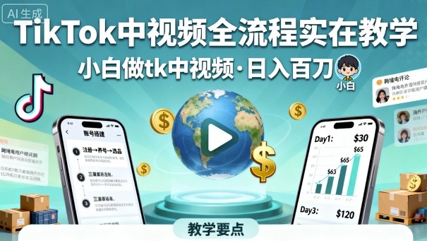 TikTok中视频全流程实操教学，小白做tk中视频，日入百刀-卓别林资源社