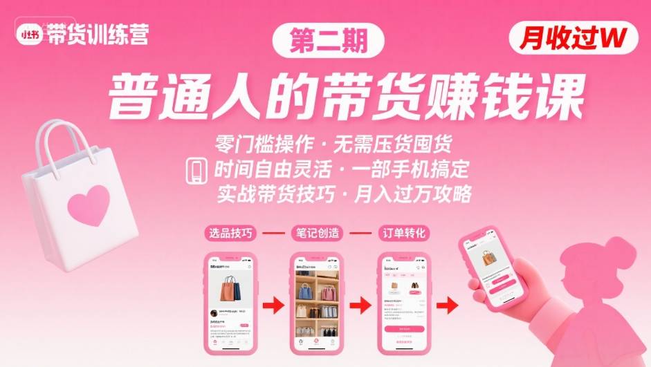 小红书带货第二期训练营，普通人月收过W的带货课，时间自由，零门槛无压货，一部手机即可操作-卓别林资源社