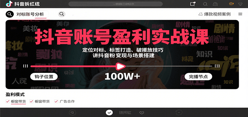 抖音账号盈利实战课，定位对标、标签打造、破播放技巧，讲涨粉变现与场景搭建-卓别林资源社
