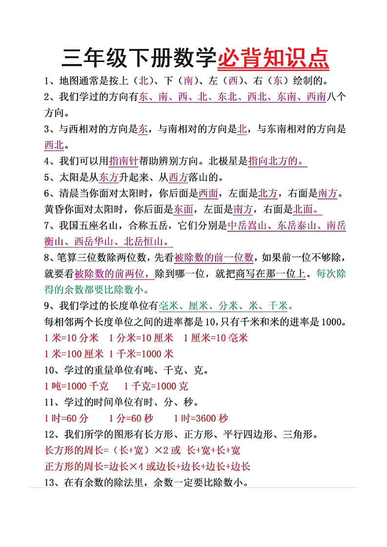 三下数学必背26个重点知识-卓别林资源社