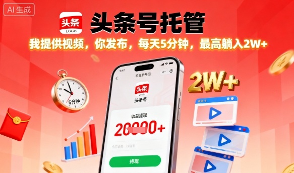 【头条号托管】我提供视频，你发布，每天5分钟，最高躺入2W+【揭秘】-卓别林资源社