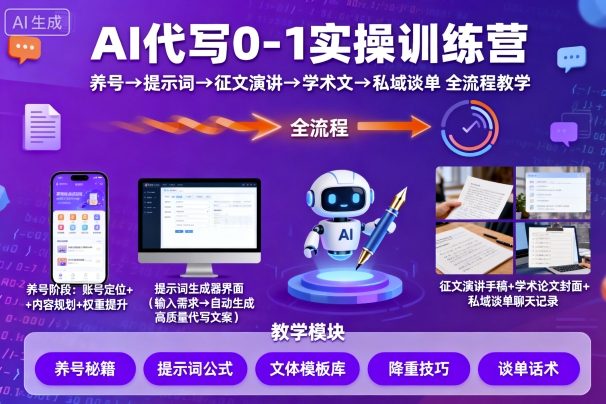 AI代写0-1实操训练营，从养号、提示词、征文演讲、学术文，到私域谈单的全流程教学-卓别林资源社