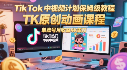 TikTok中视频计划保姆级教程，TK原创动画课程，单账号月收益4k美刀-卓别林资源社