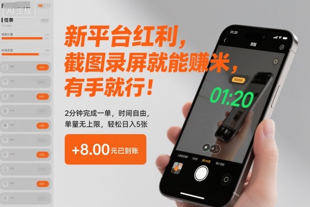 新平台红利，截图录屏就能賺米，有手就行！2分钟完成一单，时间自由，单量无上限，轻松日入5张【揭秘】-卓别林资源社