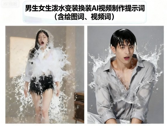 男生女生泼水变装换装AI视频制作提示词(含绘图词、视频词)-卓别林资源社