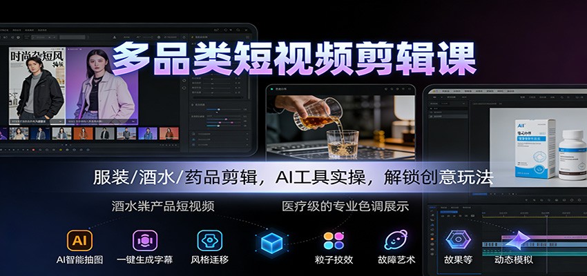 多品类短视频剪辑课：服装/酒水/药品剪辑，AI工具实操，解锁创意玩法-卓别林资源社