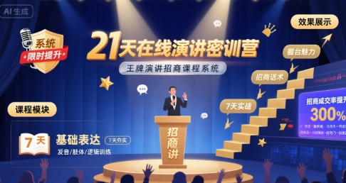 21天在线演讲密训营，王牌演讲招商课程系统-卓别林资源社