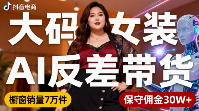 抖音小众赛道，大码女装AI反差带货，不用直播，每天6条作品，橱窗卖7万件，保守佣金30W+-卓别林资源社