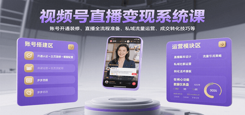 视频号直播变现系统课，账号开通装修、直播全流程准备、私域流量运营、成交转化技巧等-卓别林资源社