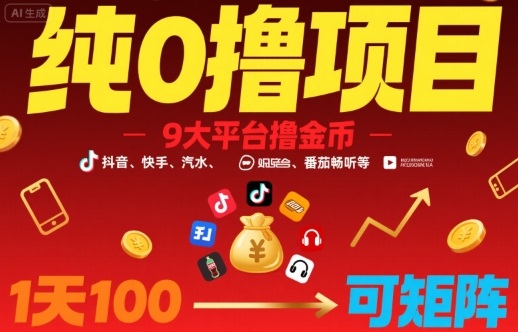 纯0撸项目，9大平台撸金币，抖音，快手，汽水，番茄畅听等，1天100，可矩阵-卓别林资源社