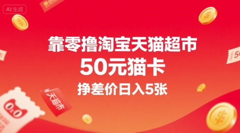 靠零撸淘宝天猫超市50元猫卡，挣差价日入5张-卓别林资源社