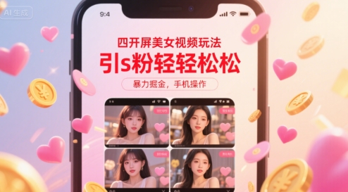 四开屏美女视频玩法，引s粉轻轻松松，暴力掘金，手机操作【揭秘】-卓别林资源社