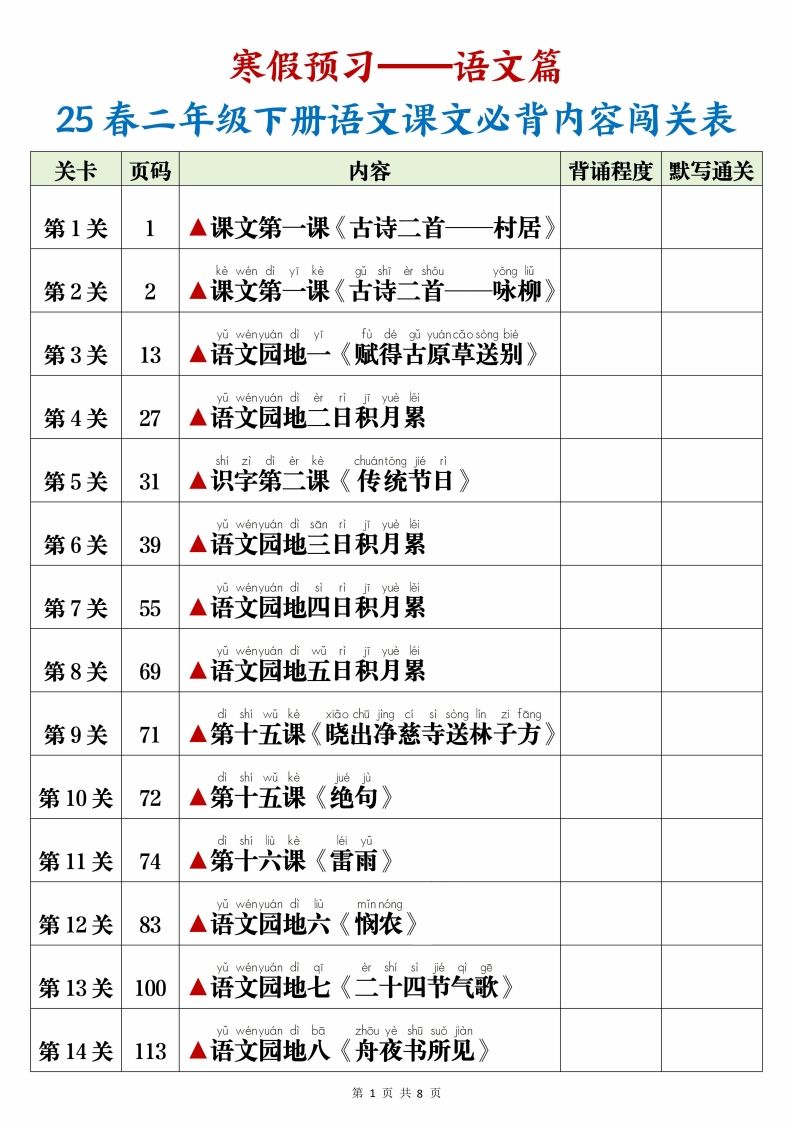 25春二下语文课文必背内容闯关表+默写8页-卓别林资源社