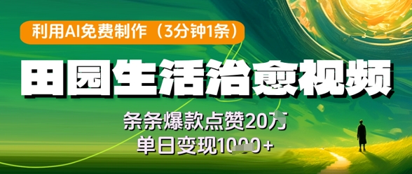 利用AI免费制作田园生活治愈视频，条条爆款点赞20W，单日变现几张-卓别林资源社