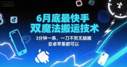 6月底最新快手双魔法搬运技术，3分钟一条，一刀不剪无脑搬，安卓苹果都可以-卓别林资源社