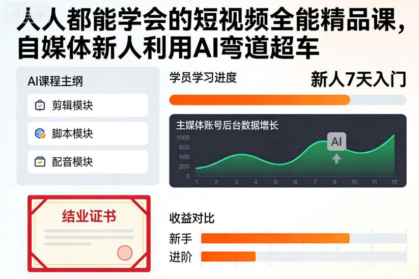 人人都能学会的短视频全能精品课，自媒体新人利用AI弯道超车-卓别林资源社