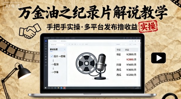 万金油之纪录片解说教学，手把手教你，完全实操，多平台发布撸收益-卓别林资源社