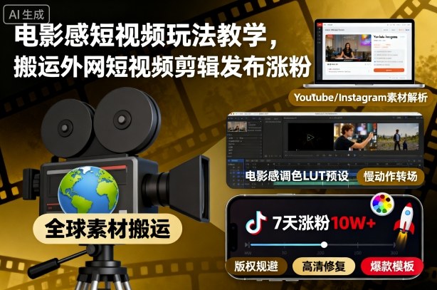 电影感短视频玩法教学，搬运外网短视频剪辑发布涨粉-卓别林资源社