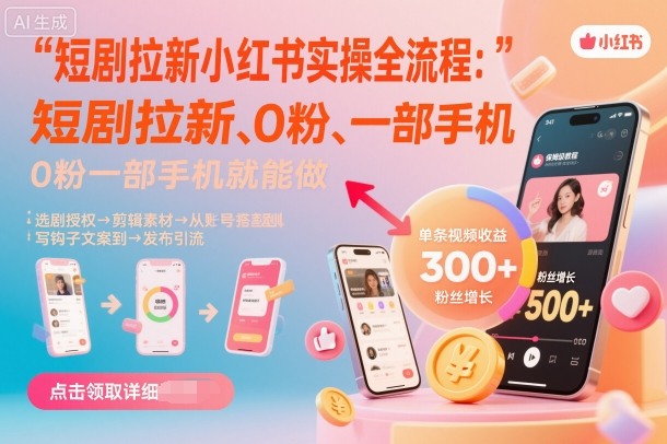 短剧拉新小红书实操全流程，0粉一部手机就可以做，详细教程-卓别林资源社