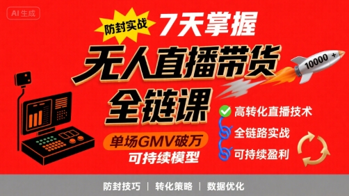 无人直播带货全链防封实战课，7天掌握高转化直播技术，实现单场GMV破万可持续模型-卓别林资源社