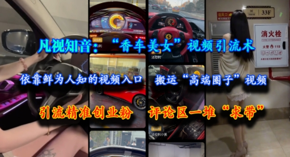 凡视知音：“香车美女”视频引流术，依靠鲜为人知的视频入口，搬运“高端圈子”视频，引流精准创业粉，评论区一堆“求带”-卓别林资源社