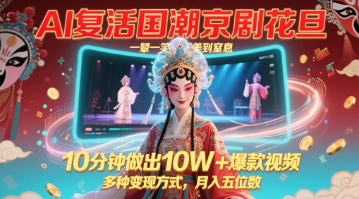 AI复活国潮京剧花旦，一颦一笑美到窒息，10分钟做出10W+爆款视频，多种变现方式，月入五位数-卓别林资源社