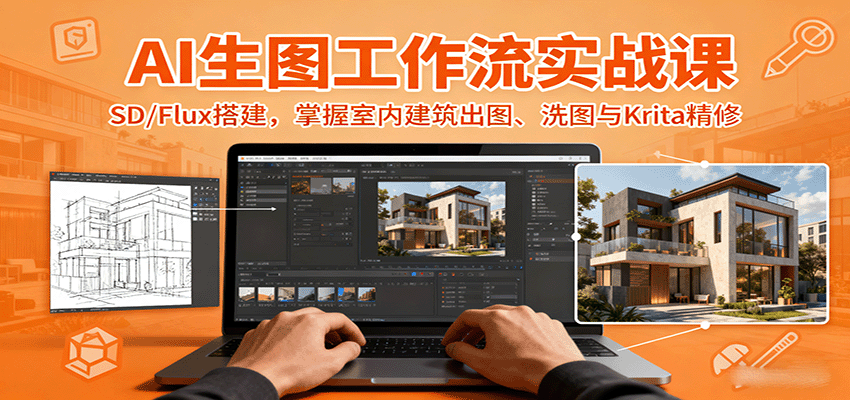 AI生图工作流实战课：SD/Flux搭建，掌握室内建筑出图、洗图与Krita精修-卓别林资源社