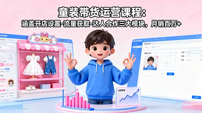 童装带货运营课程：涵盖开店设置-流量获取-达人合作三大模块，月销百万+-卓别林资源社